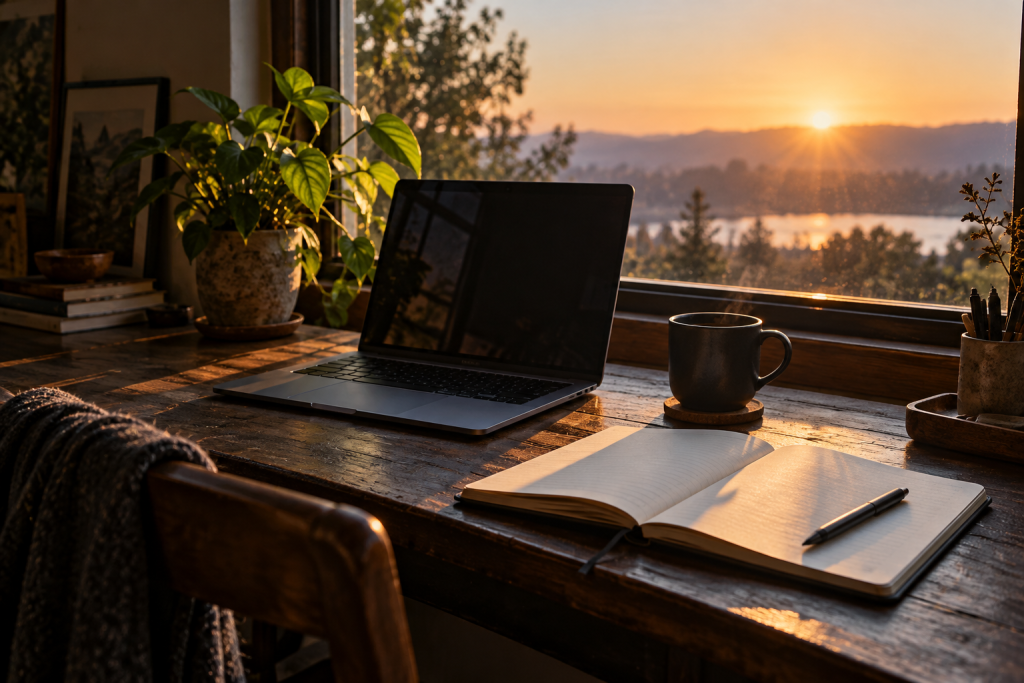 Laptop, coffee and an open notebook on a desk in warm morning light